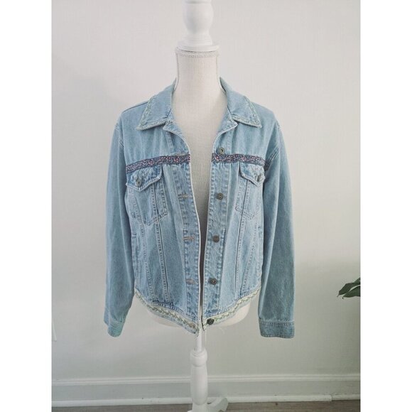 Liz Claiborne Trucker 90s Denim Ribbon Embroidery Floral Jean Jacket L Petite - Picture 1 of 10